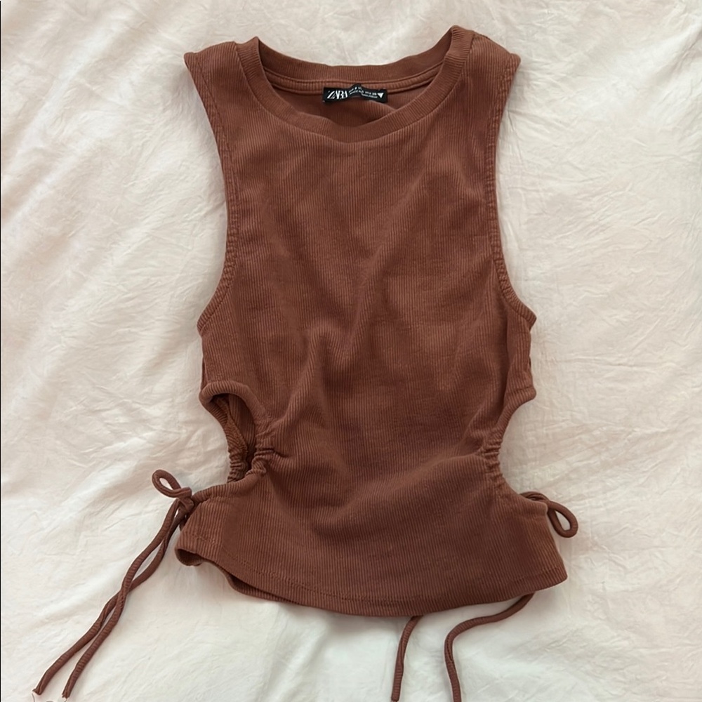 Zara Brown Ribbed Side-Tie Tank Top